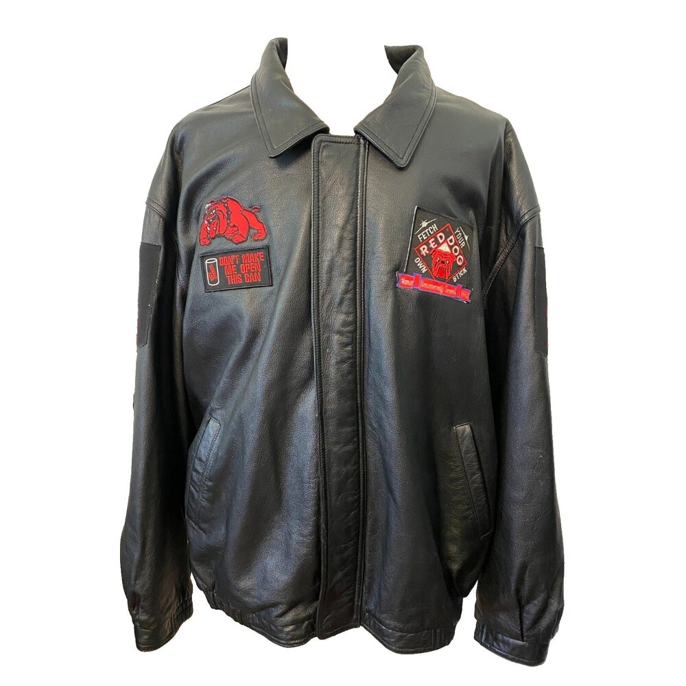 Vintage Red Dog Beer Black Leather Jacket Men's 4XL Port Authority Biker Bull